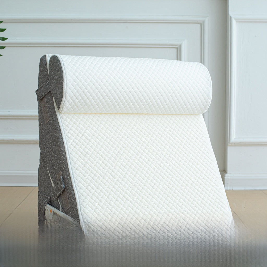 Wedge Pillow Set with a white diamond-quilted wedge cushion, matching cylindrical bolster and gray textured sides