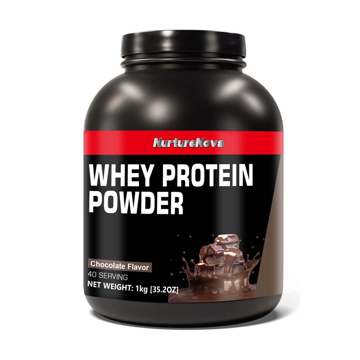 Whey Protein Powder in a black plastic tub with a red label band, white lettering, and chocolate flavor imagery.