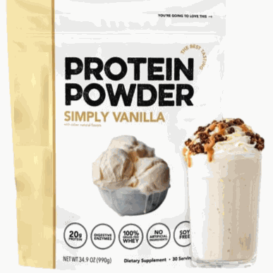 Whey Protein Powder in a white pouch with gold trim, bold black lettering, simply vanilla flavor, and vanilla shake images.