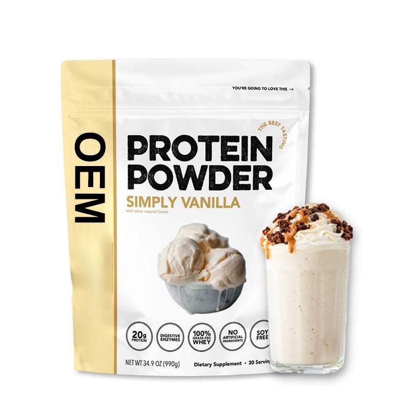 Whey Protein Powder in a white pouch with gold accents, vanilla label, and images of ice cream and a shake
