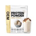 Whey Protein Powder in a white and gold vanilla pouch with bold black lettering and a shake serving image