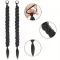 Wig with braids in black synthetic hair, featuring two long chunky plaits with elastic loop attachments and loose ends