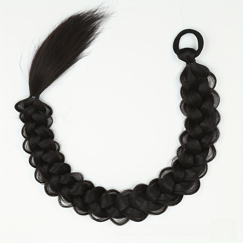 Wig with braids in glossy black synthetic fiber, featuring a thick curved plait with loose hair and an attachment loop