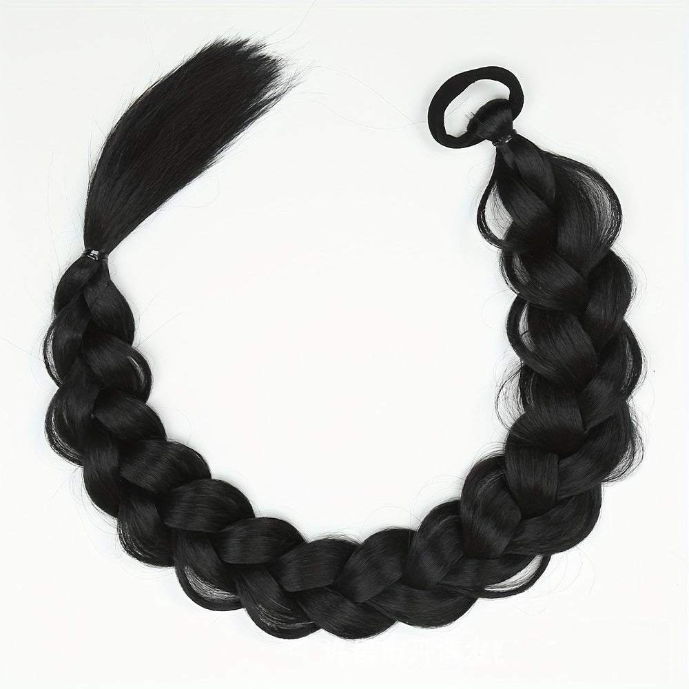 Wig with braids in glossy black synthetic hair, featuring a thick woven braid and attached high ponytail loop
