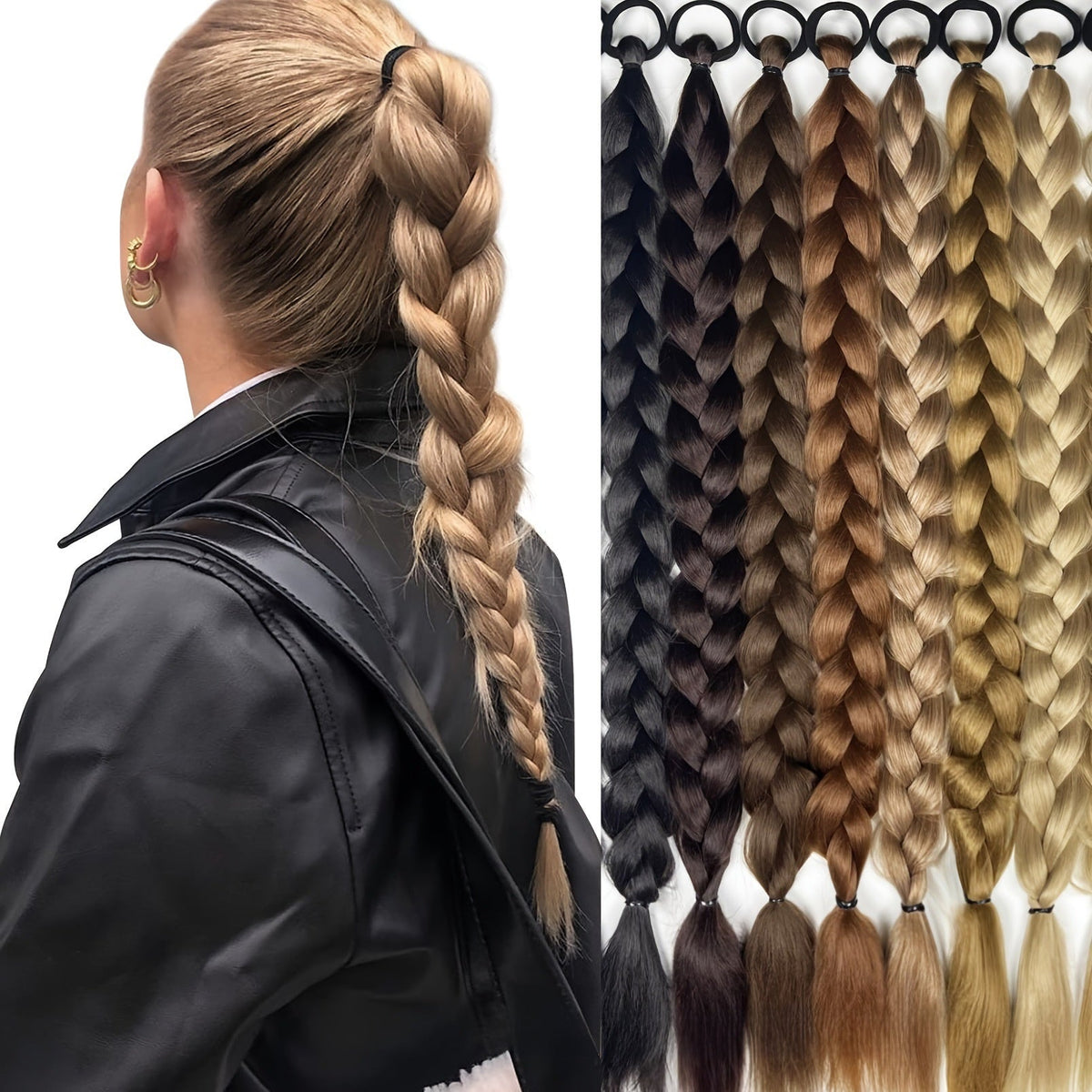Wig with braids in blonde synthetic fiber, styled as a high ponytail with one long, thick braid and a tapered end