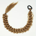 Wig with braids in warm brown synthetic fiber, styled as a thick, long plait with a black elastic loop