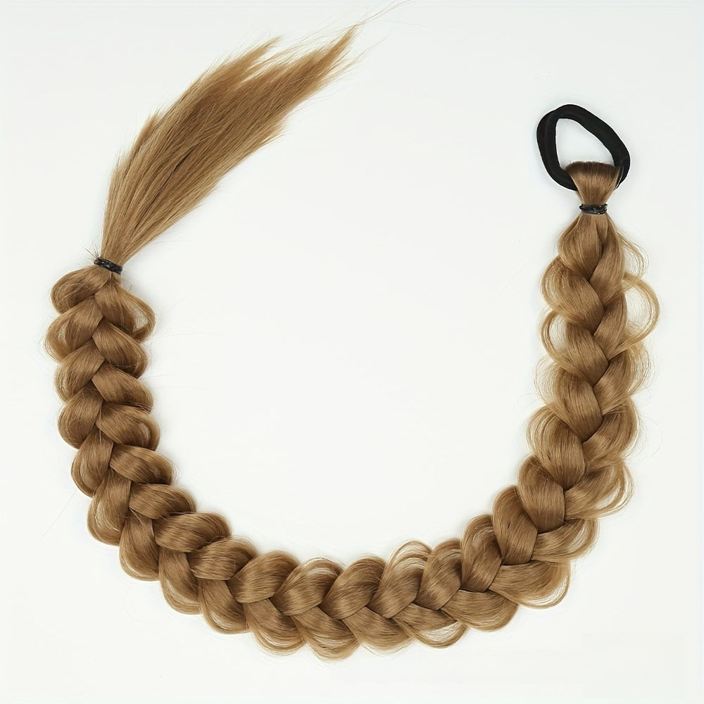 Wig with braids in warm brown synthetic fiber, styled as a thick, long plait with a black elastic loop