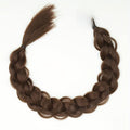 wig with braids in dark brown synthetic hair, with a thick, long plaited ponytail and loose tapered ends