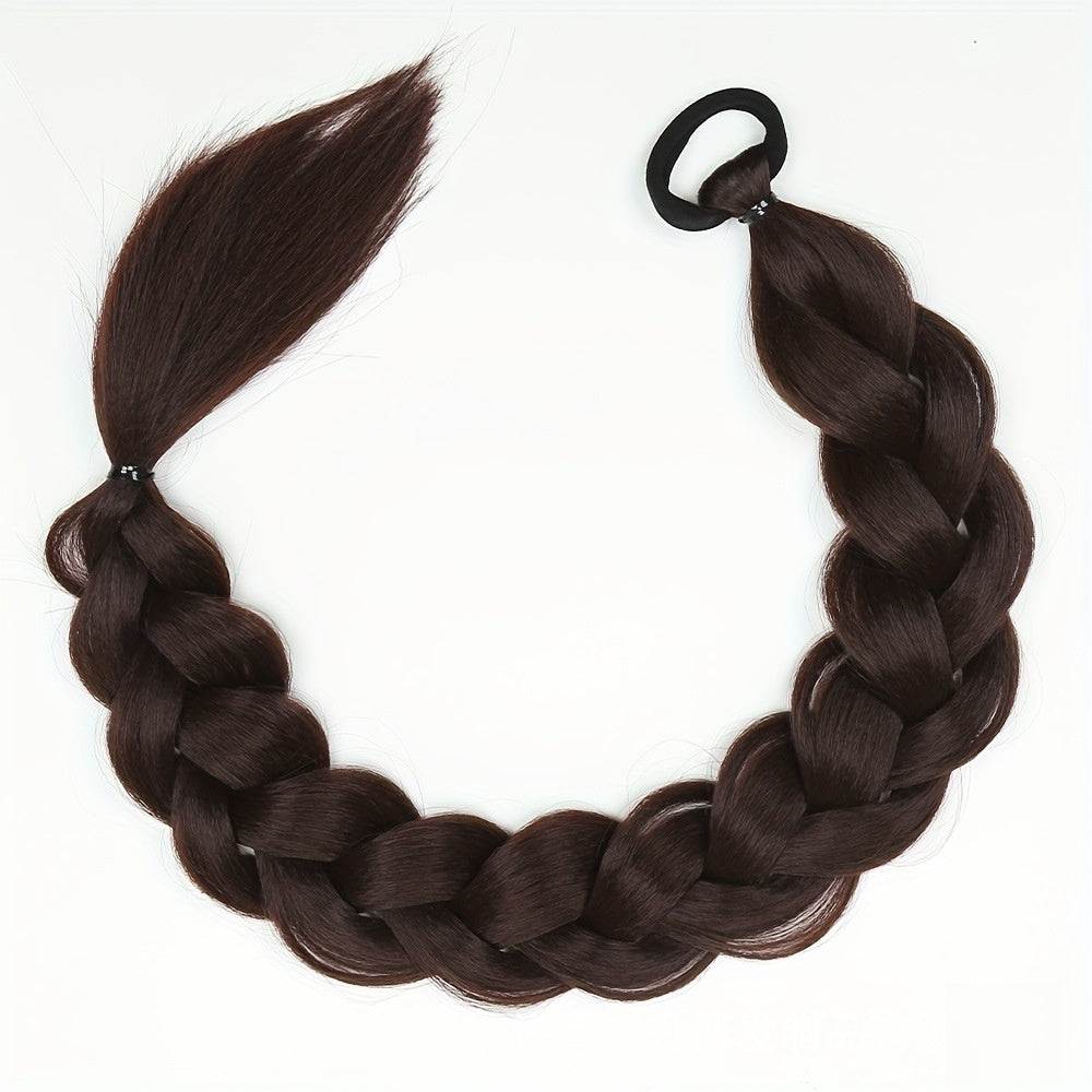 Wig with braids in dark brown synthetic hair, featuring a thick, long plait and black elastic attachment loop