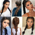 wig with braids shown in six hairstyle examples, with dark or brown synthetic hair in long thick braids and ponytails
