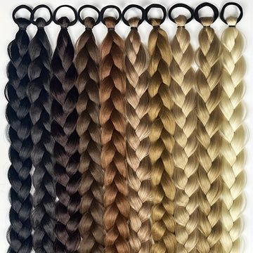 Braided synthetic hair extensions in a wig with braids style, shown in black, brown, and blonde shades with looped tops.