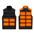 Winter Smart Electric Heating Jacket, black sleeveless padded vest with stand collar, zipper, and glowing orange heating zones