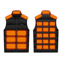 Winter Smart Electric Heating Jacket in black polyester, sleeveless with a stand collar, zipper, and glowing orange heating zones