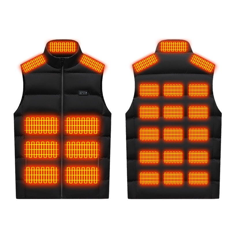 Winter Smart Electric Heating Jacket in black polyester, shown front and back with a stand collar, zipper, and glowing heating zones