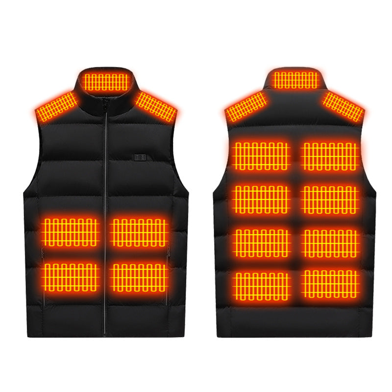 Winter Smart Electric Heating Jacket, black padded sleeveless vest with stand collar, front zipper and glowing heating zones