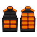 Winter Smart Electric Heating Jacket in black padded polyester, shown front and back with a stand collar, zipper and glowing orange heating zones