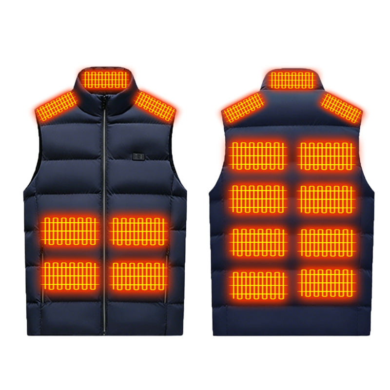Winter Smart Electric Heating Jacket in black padded polyester, front and back views showing red glowing heating zones and a stand collar