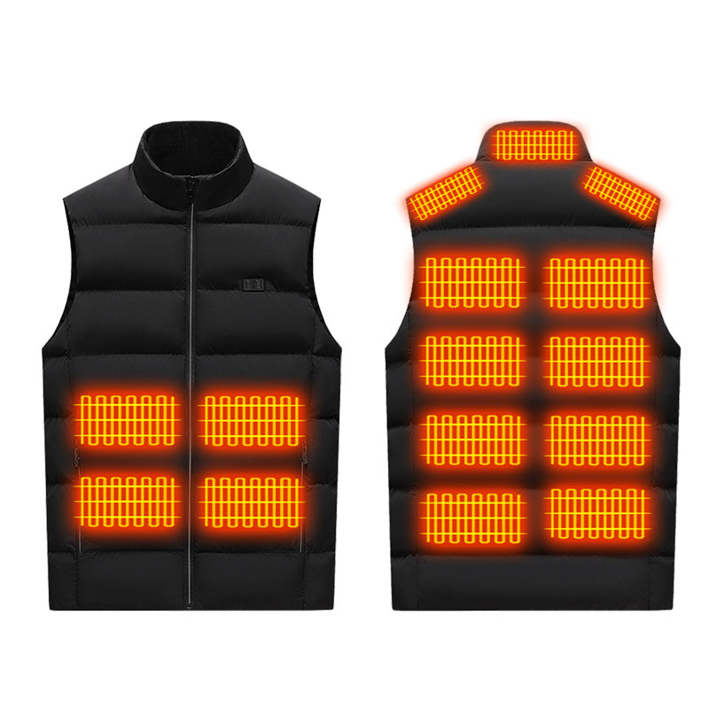 Winter Smart Electric Heating Jacket, black sleeveless padded vest with stand collar, front zipper and glowing orange heating zones