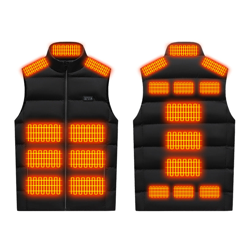 Winter Smart Electric Heating Jacket, black quilted sleeveless vest with stand collar, zipper and glowing heat zones