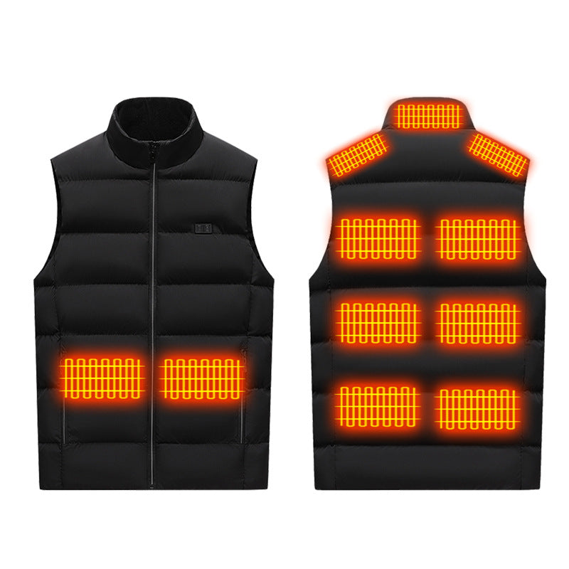 Winter Smart Electric Heating Jacket is a black quilted sleeveless vest with a stand collar, front zipper and glowing heating panels.