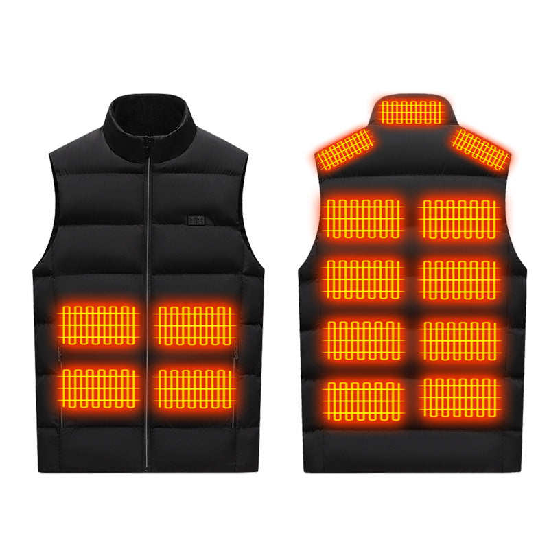 Winter Smart Electric Heating Jacket shown as a black quilted polyester vest with a stand collar, front zipper, and glowing orange heating zones