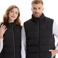 Winter Smart Electric Heating Jacket in black quilted polyester, sleeveless with a stand collar and front zipper, worn by a man and woman