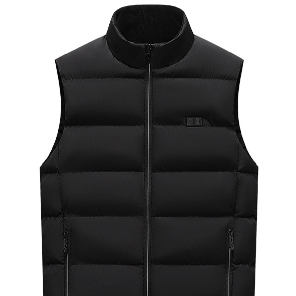 Winter Smart Electric Heating Jacket, black padded sleeveless vest with horizontal quilting, stand collar and front zipper