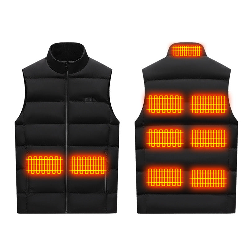 Winter Smart Electric Heating Jacket, black quilted sleeveless vest with stand collar, front zipper and glowing heating zones