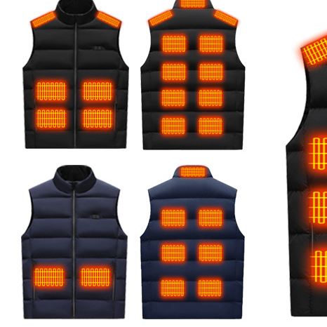Winter Smart Electric Heating Jacket, sleeveless padded vest in black or navy with stand collar, zipper and glowing heat zones.