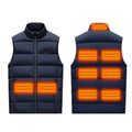 Winter Smart Electric Heating Jacket, navy padded polyester vest with stand collar, zipper and glowing red heating panels