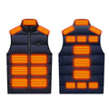 Winter Smart Electric Heating Jacket in navy polyester, front and back view with stand collar, zipper and glowing heating zones