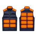 Winter Smart Electric Heating Jacket in dark navy padded polyester, zip front and stand collar, shown with glowing orange heating zones on both sides.