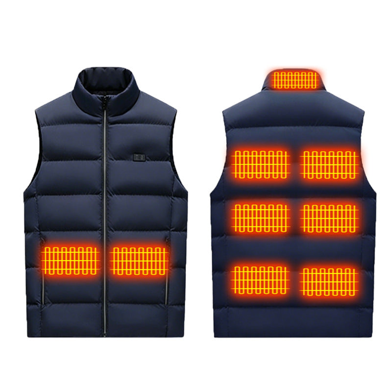 Winter Smart Electric Heating Jacket, navy sleeveless padded vest with stand collar, front zipper, and glowing heating zones