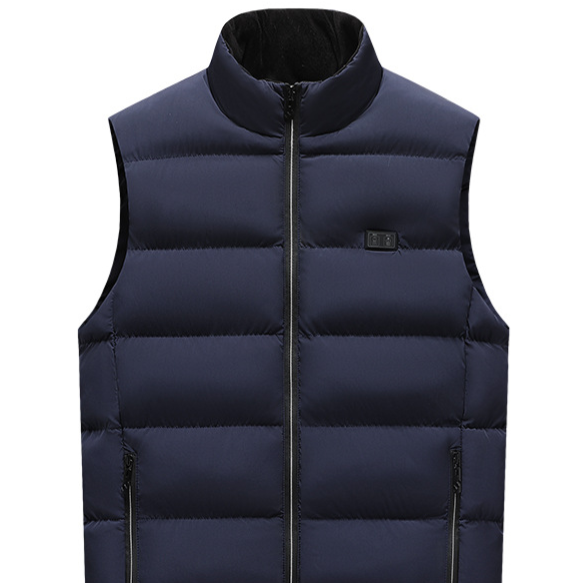 Winter Smart Electric Heating Jacket, a navy padded sleeveless vest with a stand collar, front zip and chest control button