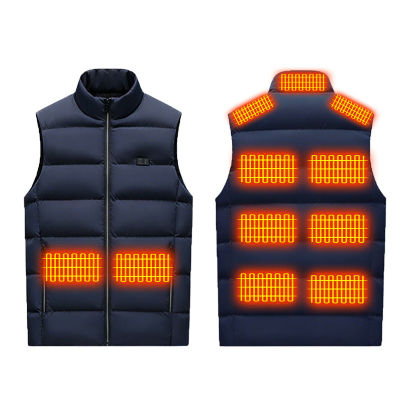 Winter Smart Electric Heating Jacket shown as a dark navy sleeveless padded vest with a stand collar, zipper and glowing heating panels