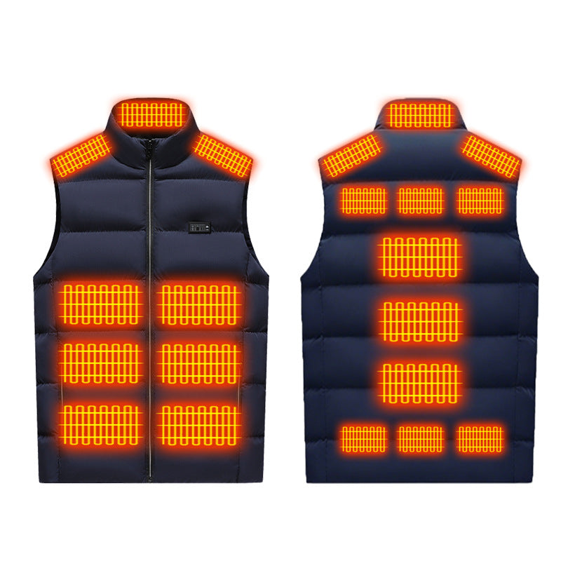 Winter Smart Electric Heating Jacket, a navy padded sleeveless vest with a stand collar, zipper and glowing orange heating panels