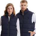 Winter Smart Electric Heating Jacket in navy polyester, shown as quilted zip-front puffer vests with stand collars modeled by a woman and man
