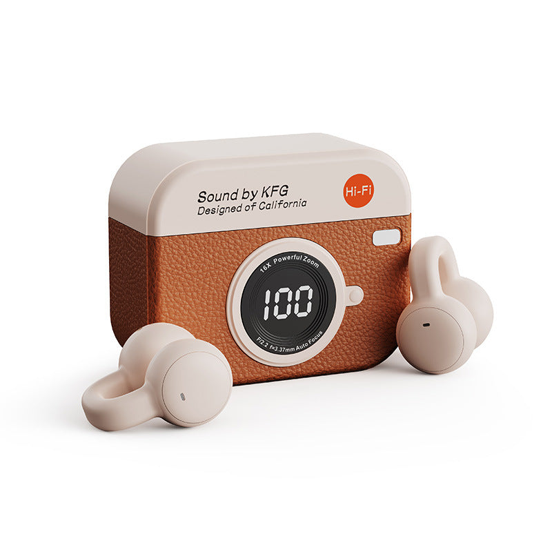 Wireless Gaming Bluetooth Earphones in beige with smooth plastic earbuds and a textured brown charging case featuring a circular digital display