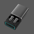 Wireless Gaming Bluetooth Earphones in a black plastic charging case with two earbuds and a glowing cyan outline