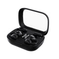 Wireless Gaming Bluetooth Earphones in a black plastic charging case, with curved earbuds and a central digital battery display.