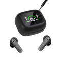 Wireless Gaming Bluetooth Earphones in a black plastic charging case with two dark gray earbuds and digital battery display