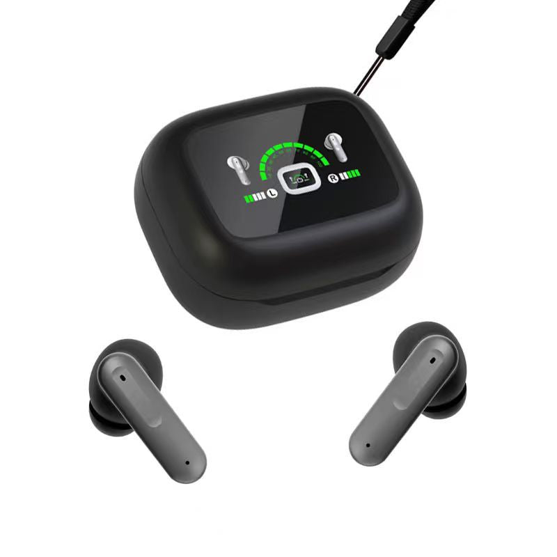 Wireless Gaming Bluetooth Earphones in a black plastic charging case with two dark gray earbuds and digital battery display