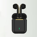 Wireless Gaming Bluetooth Earphones in a black plastic charging case, with glossy earbuds, gold accents and a green indicator