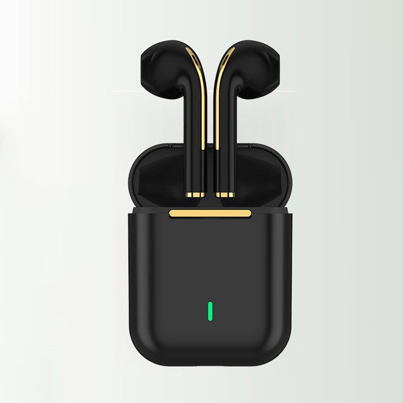Wireless Gaming Bluetooth Earphones in a black plastic charging case, with glossy earbuds, gold accents and a green indicator