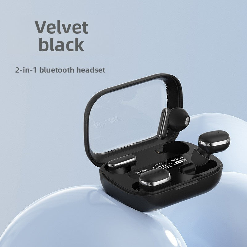 Wireless Gaming Bluetooth Earphones in glossy black plastic, with compact earbuds and an open charging case featuring a digital display.