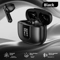 Wireless Gaming Bluetooth Earphones in glossy black plastic, with matching earbuds and a charging case featuring a digital battery display