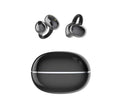 Wireless Gaming Bluetooth Earphones in glossy black plastic, with two compact earbuds featuring curved ear hooks and a matching oval charging case.