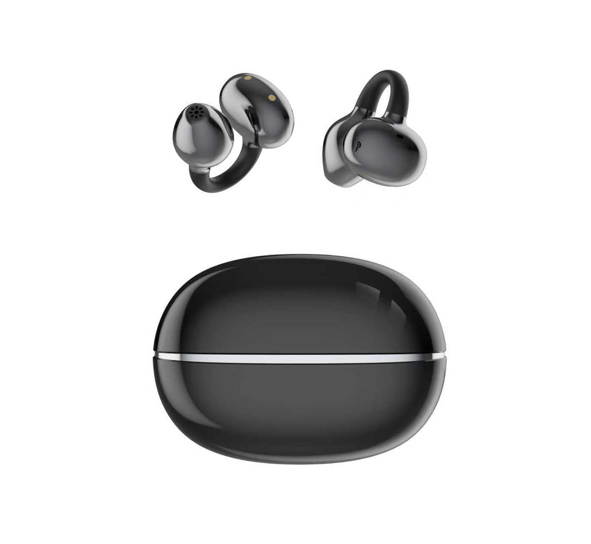 Wireless Gaming Bluetooth Earphones in glossy black plastic, with two compact earbuds featuring curved ear hooks and a matching oval charging case.