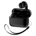 Wireless Gaming Bluetooth Earphones in glossy black plastic, with rounded earbuds, an open charging case and attached wrist strap