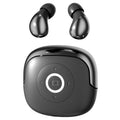 Wireless Gaming Bluetooth Earphones with glossy black plastic earbuds and a rounded charging case featuring a central button.